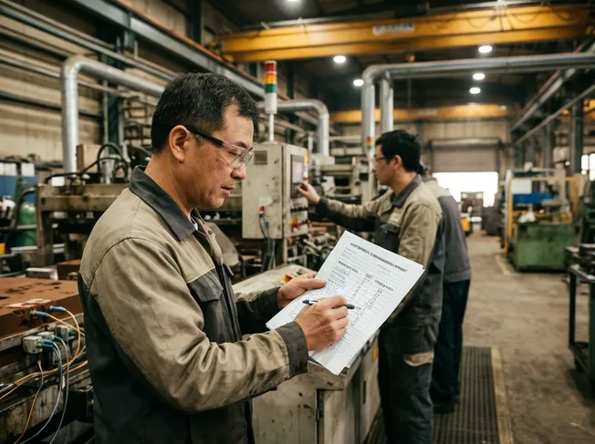 TZFoundry engineer reviewing commissioning report during factory equipment testing