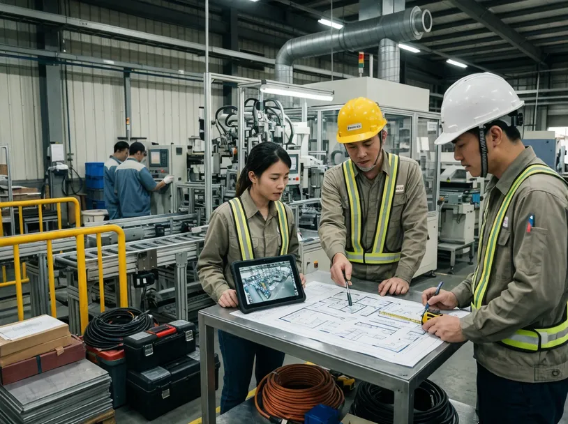 TZFoundry engineers working on production line layout optimization in facility