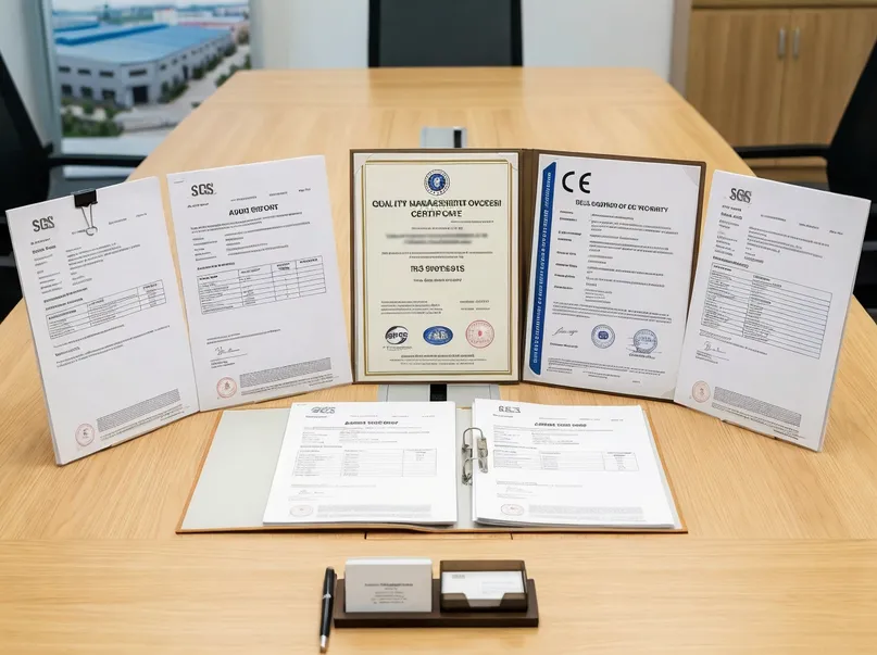 Complete certification document package including ISO certificate, CE declarations, and SGS audit reports