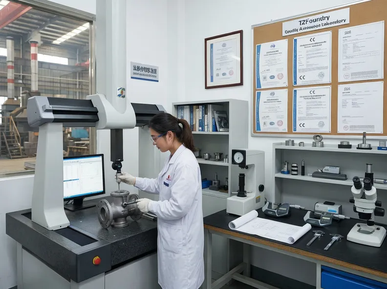 TZFoundry quality assurance laboratory with certification documents and testing equipment