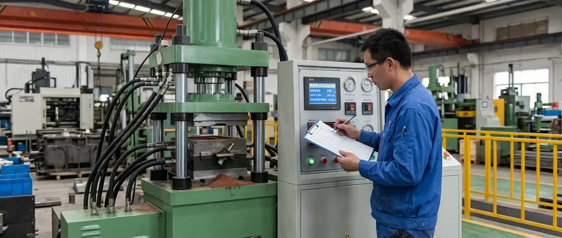 Technician recording commissioning test data including cycle times and hydraulic pressure readings