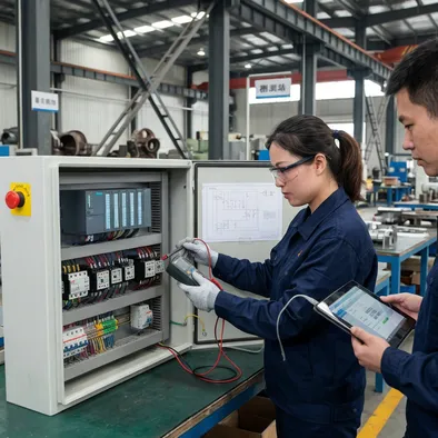 Electrical control panel function testing verifying PLC inputs outputs and emergency stop circuits