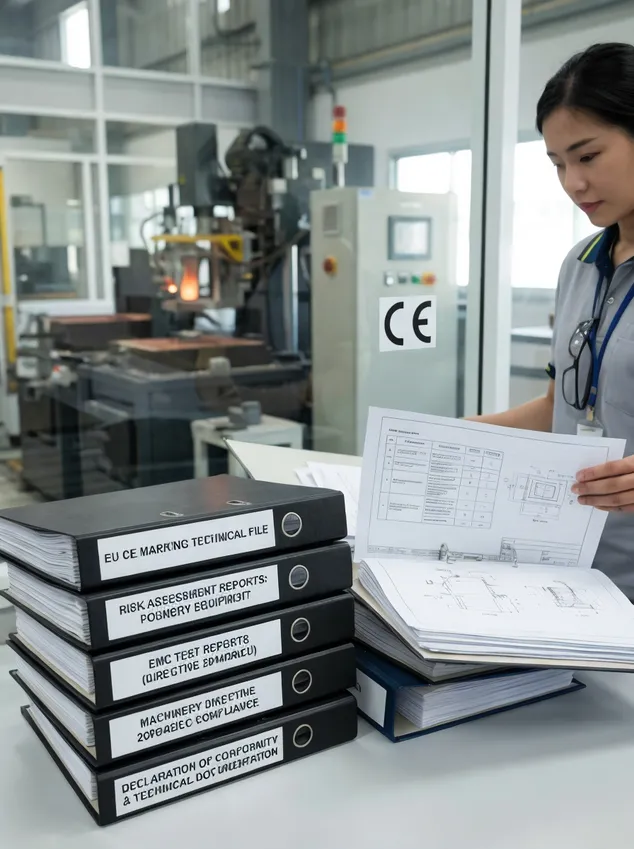EU CE marking technical file including risk assessments and EMC test reports for foundry equipment
