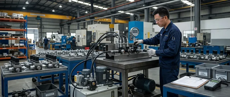 Hydraulic components undergoing pressure rating and batch testing at the receiving inspection station