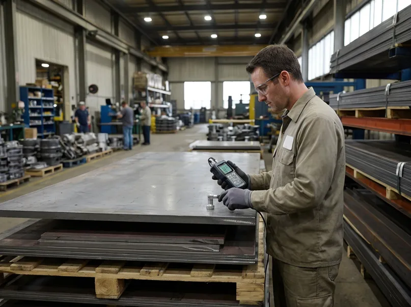 Incoming material inspection using ultrasonic gauges to verify steel plate thickness and specifications