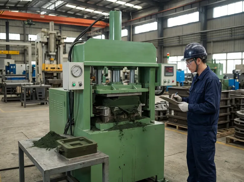 Pre-shipment commissioning of a molding machine running full test cycles with sand to verify performance