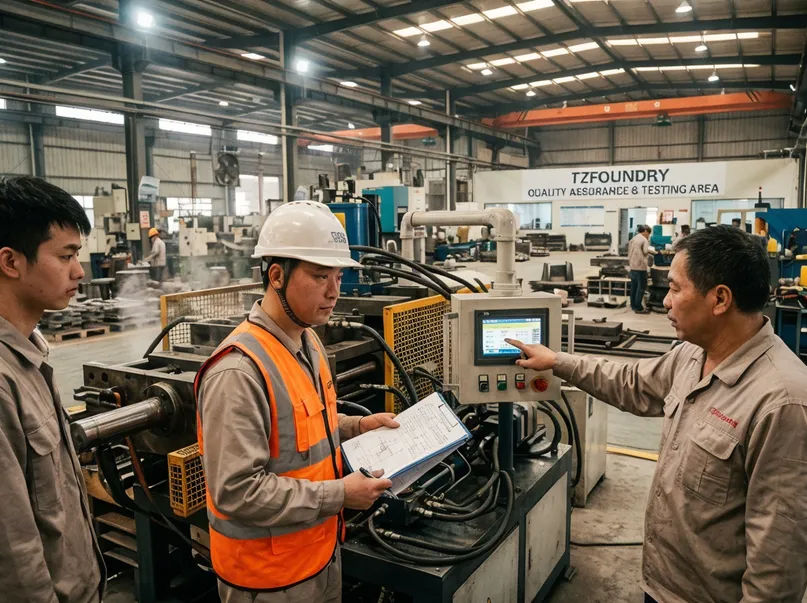 Third-party SGS inspector witnessing commissioning tests and reviewing quality documentation at TZFoundry facility
