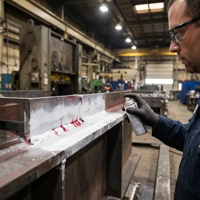 Dye penetrant inspection on structural weld joints checking for porosity and cracks
