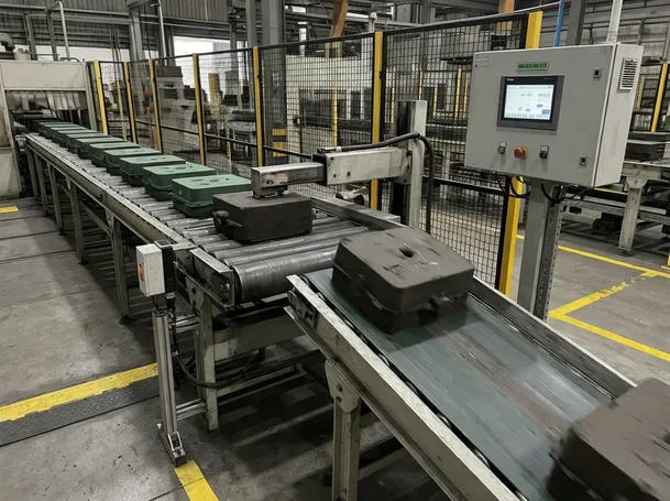 Automated reject conveyor system on a flaskless molding line, showing PLC-controlled diversion of non-conforming molds