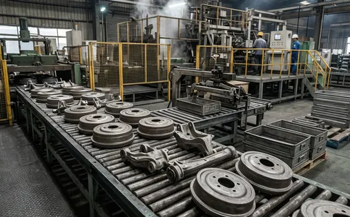 Automotive brake drums and suspension components produced on automatic flaskless clay sand processing line