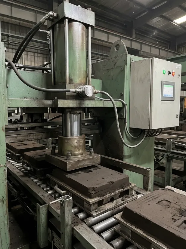 Hydraulic compaction ram actuator with PLC pressure sensor logging peak pressure, hold time, and decay rate on automatic flaskless molding line