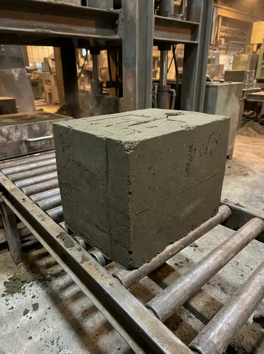 Close-up of a self-supporting sand mold after compaction — no metal flask required