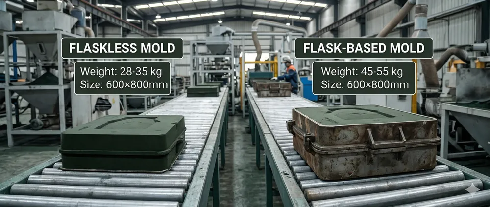 Comparison of flaskless mold at 28-35 kg versus flask-based mold at 45-55 kg on the same 600×800mm pattern