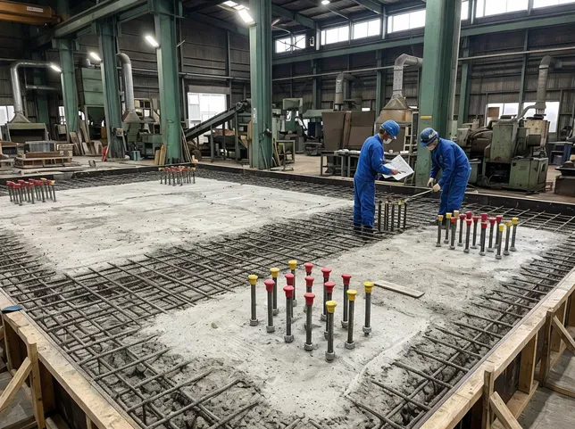 Reinforced concrete foundation slab with rebar reinforcement and anchor bolt locations for automated flaskless molding line installation