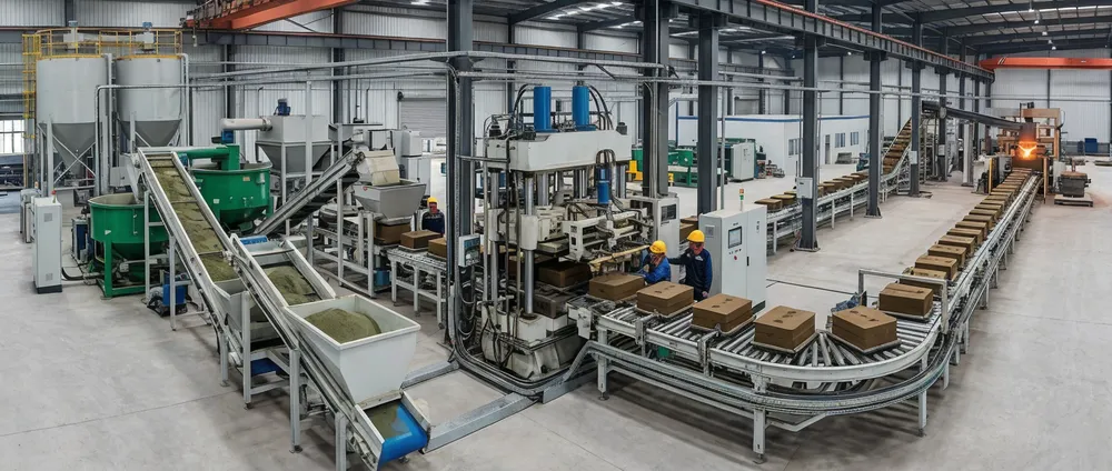 System integration flow showing upstream sand preparation, flaskless molding station, and downstream pouring and cooling connections