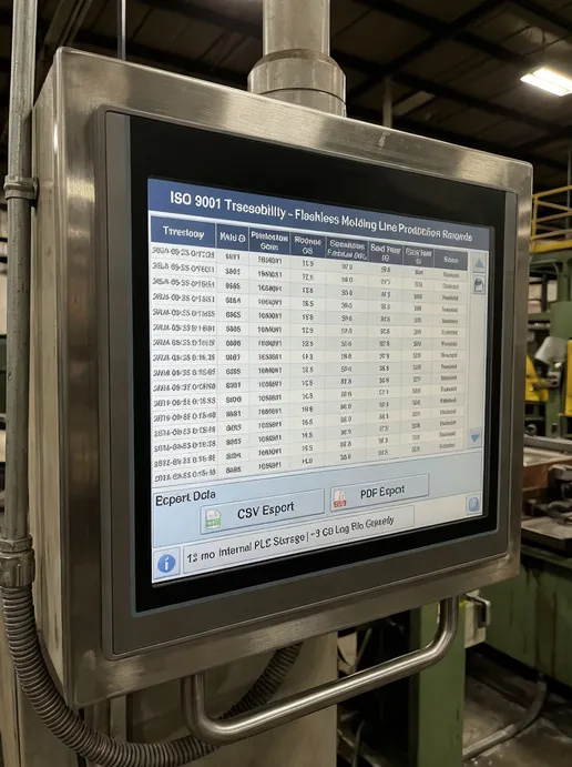 PLC data logging screen showing timestamped production records with CSV and PDF export options for ISO 9001 traceability on flaskless molding line