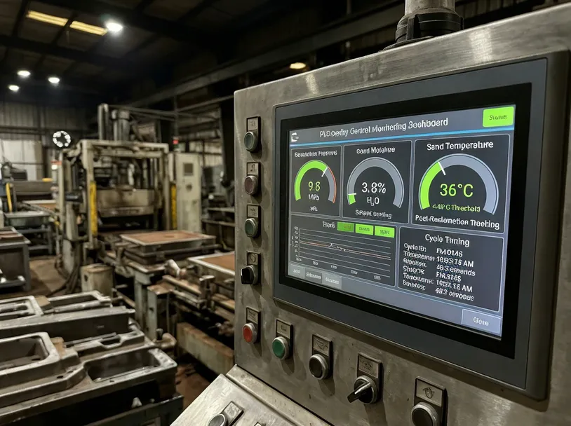 PLC quality control monitoring dashboard showing real-time compaction pressure, sand moisture, sand temperature, and cycle timing readouts for automatic flaskless molding line