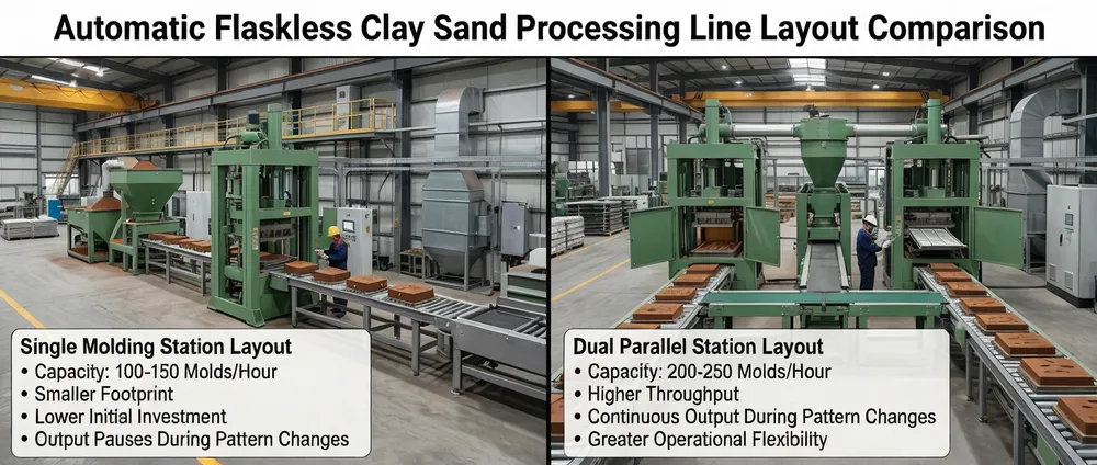 Single vs dual molding station layout comparison for automatic flaskless clay sand processing line