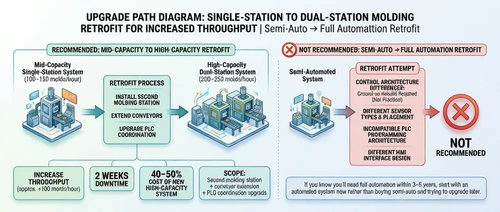 Upgrade path diagram showing single-station to dual-station molding retrofit for increased throughput