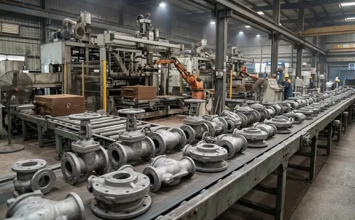 Industrial valve bodies and pump casings from high-throughput flaskless molding system