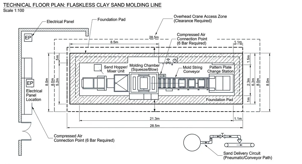 Facility layout diagram showing floor loading zones, ceiling clearance, and utility connection points for an automatic flaskless clay sand processing line