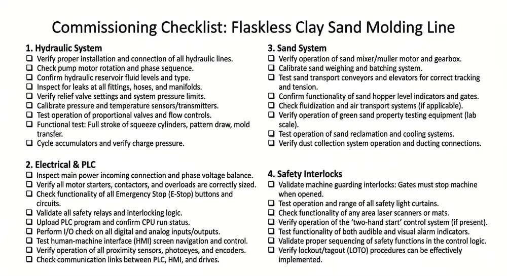 Pre-Commissioning Checklist Pre-commissioning checklist for an automatic flaskless clay sand processing line showing hydraulic, electrical, sand system, and safety verification items