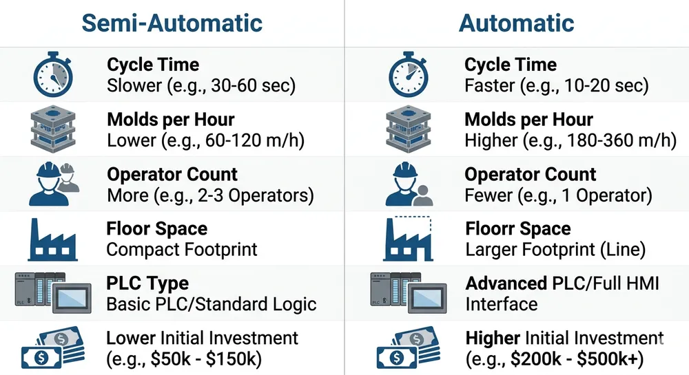 Side-by-side specification comparison table for automatic and semi-automatic flaskless clay sand molding lines