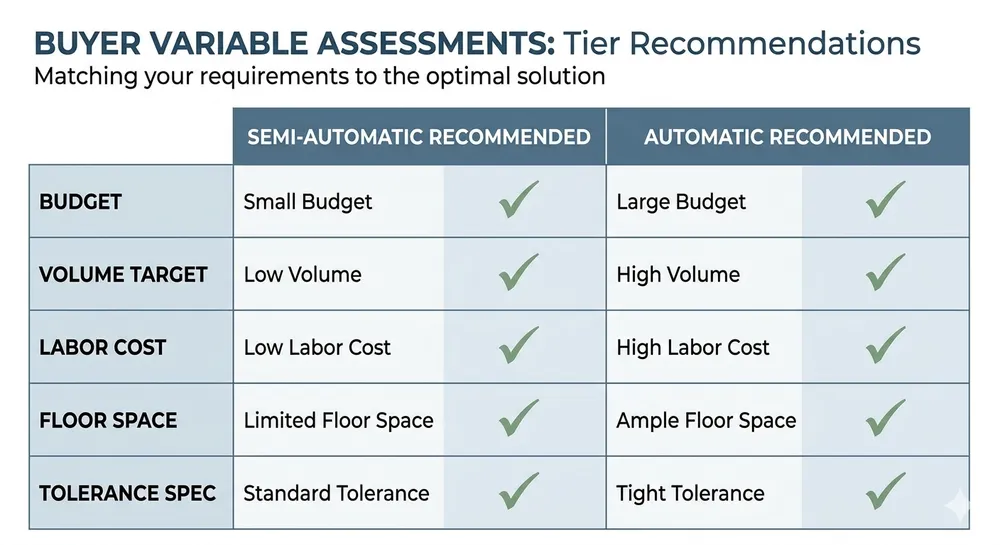Flaskless Line Automation Decision Matrix Decision matrix mapping buyer variables to recommended flaskless line automation tier