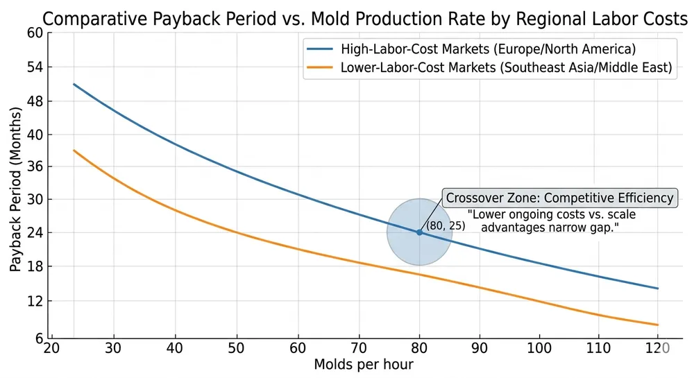 Automation Tier Breakeven by Production Volume Breakeven chart showing when automatic flaskless line labor savings recover the capital premium over semi-automatic at different production volumes