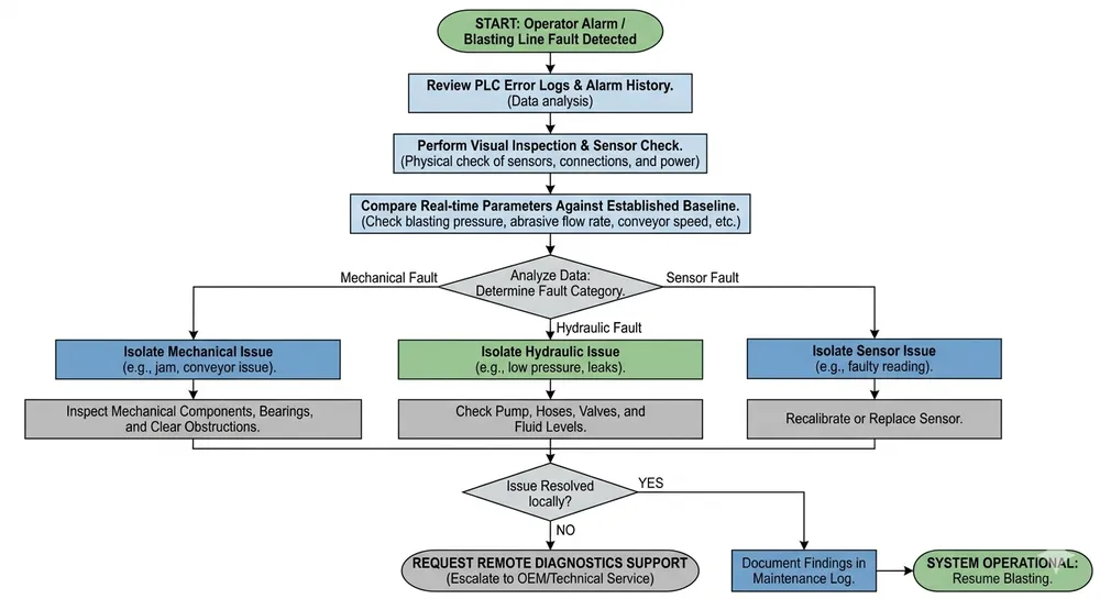 PLC Fault Diagnosis Workflow for Blasting Line Maintenance Flowchart showing PLC fault diagnosis workflow for clay sand blasting line maintenance teams