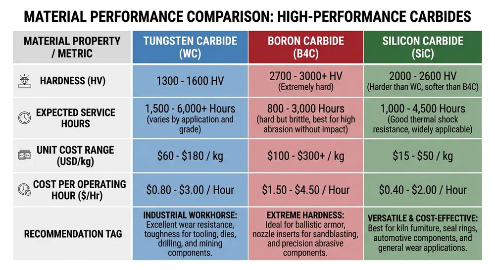 Blasting Nozzle Material Comparison for Clay Sand Service Comparison table of tungsten carbide, boron carbide, and silicon carbide blasting nozzles showing service life and cost per hour in clay sand applications