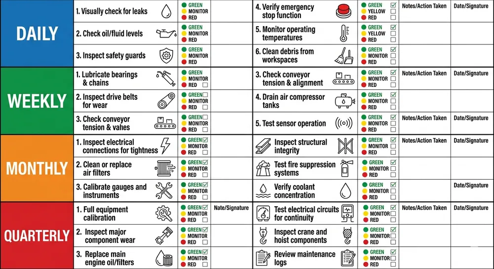 Clay Sand Blasting Line Maintenance Checklist Preventive maintenance checklist for clay sand blasting line showing daily, weekly, monthly, and quarterly inspection items