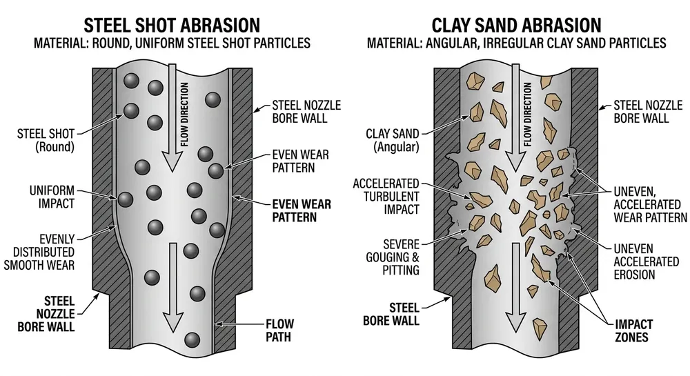 Comparison diagram showing angular clay sand particles versus round steel shot and their different nozzle wear patterns