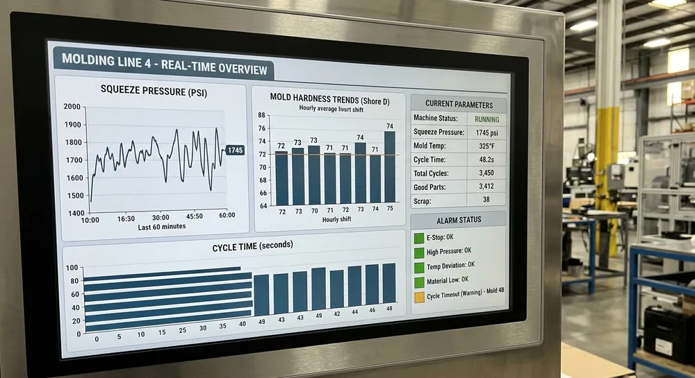 Remote diagnostics dashboard for clay sand molding line showing real-time pressure and accuracy parameters