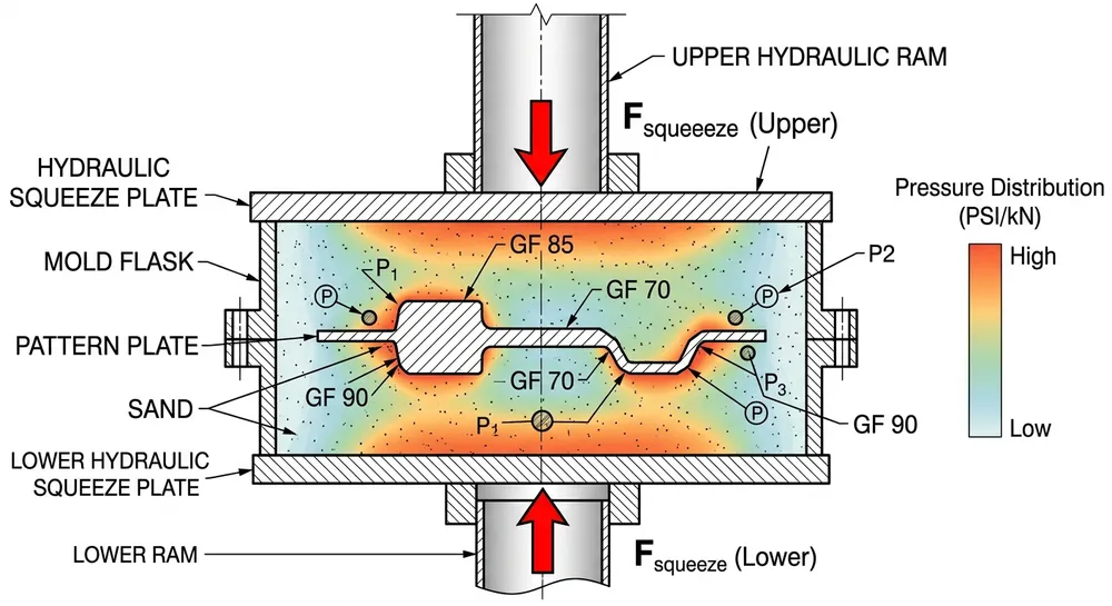 Clay sand mold compaction pressure distribution showing uneven squeeze force across mold surface