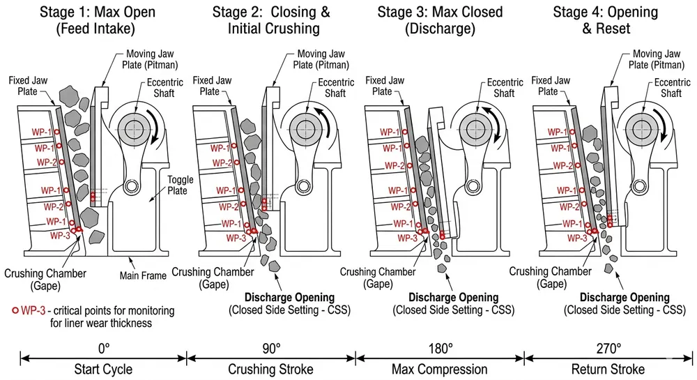 Step-by-step jaw crusher wear plate rotation sequence diagram showing 180-degree vertical flip and position swap protocol