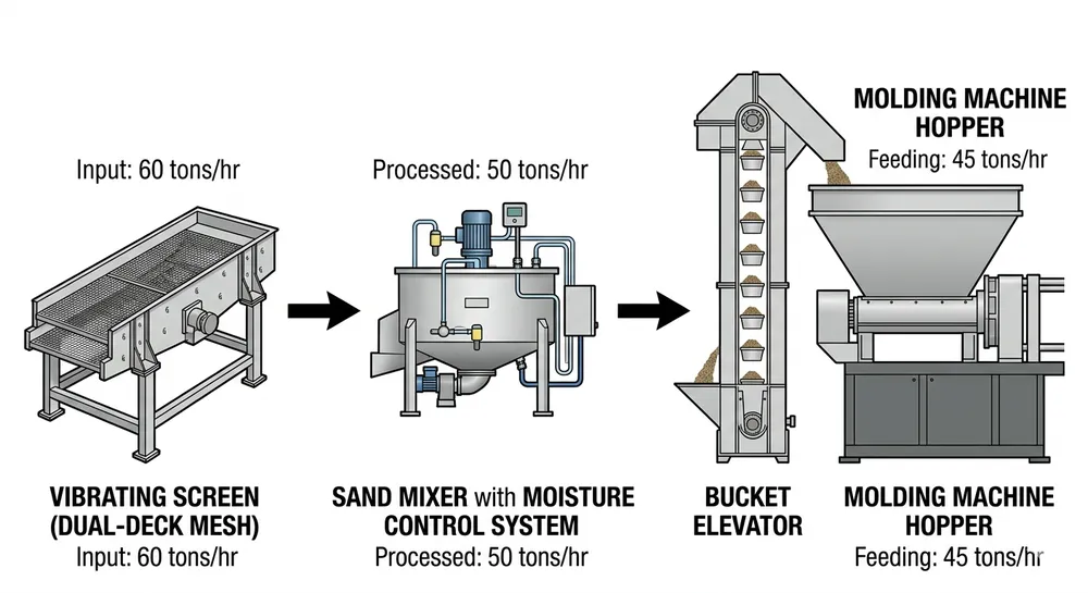 Clay sand preparation station equipment flow diagram showing vibrating screen, mixer, moisture control, and conveyor sequence
