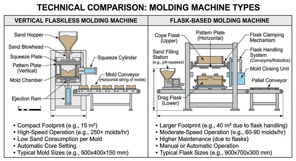Flaskless vs Flask-Based Molding Machine Comparison Side-by-side comparison of vertical flaskless and flask-based clay sand molding machines showing structural differences and output capacity