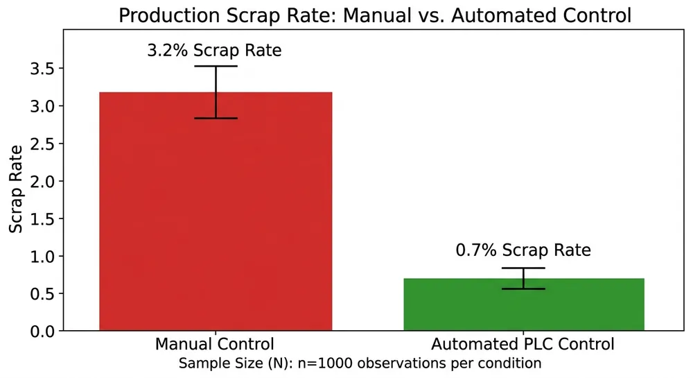 Scrap Rate Reduction with Automated Moisture Control Bar chart comparing scrap rates between manual and automated moisture control in clay sand foundry operations