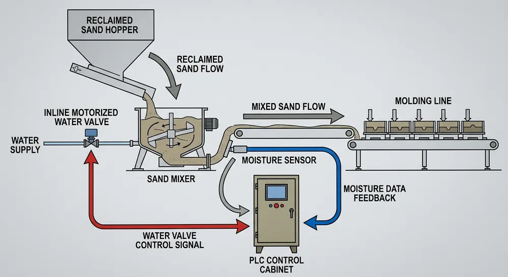 PLC Moisture Control System Layout Process flow diagram showing PLC-controlled moisture sensor and water valve integration in clay sand making line