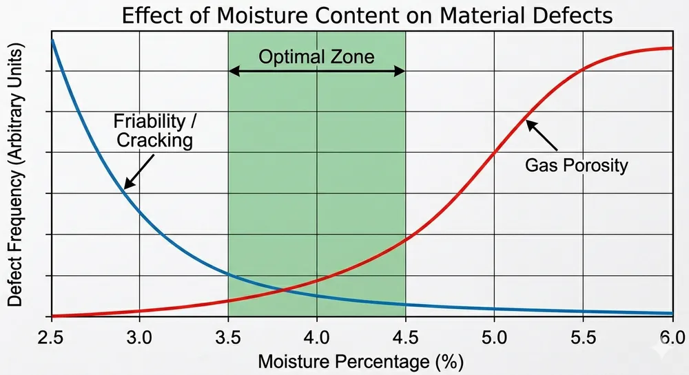 Chart showing relationship between clay sand moisture content and common casting defects in foundry molds