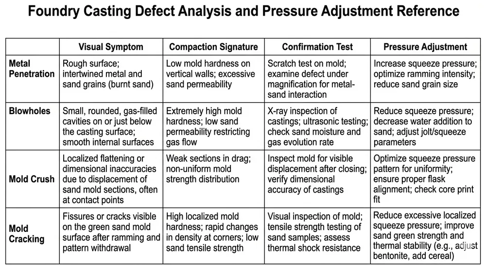 Diagnostic table mapping clay sand mold defects to compaction pressure root causes and corrective actions