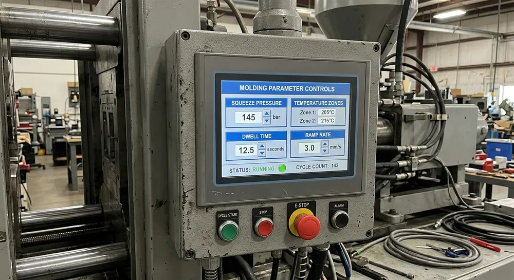PLC HMI touchscreen interface showing compaction pressure parameter adjustment controls for clay sand molding line