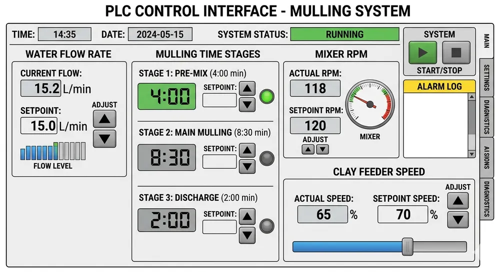 PLC parameter adjustment screen for clay sand mixer showing water addition, mulling time, and clay feed rate controls