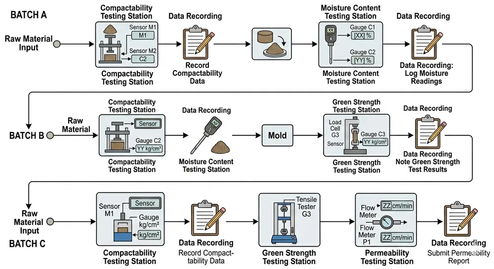 Clay sand preparation line baseline testing workflow showing compactability, moisture, and strength measurements