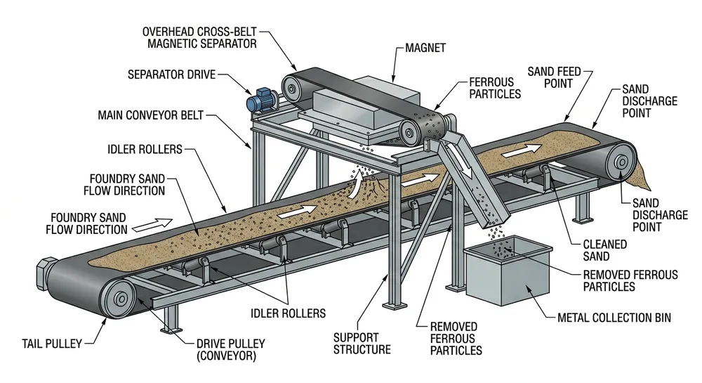 Magnetic separator mounted above belt conveyor in clay sand preparation line showing metal particle removal
