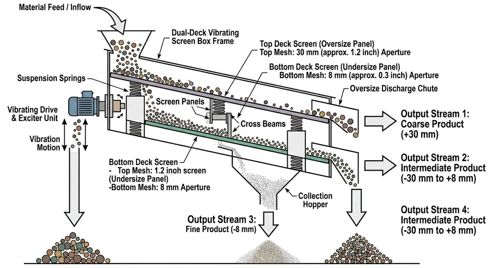 Dual-deck vibrating screen showing oversize rejection, middle fraction collection, and undersize fines removal in clay sand preparation
