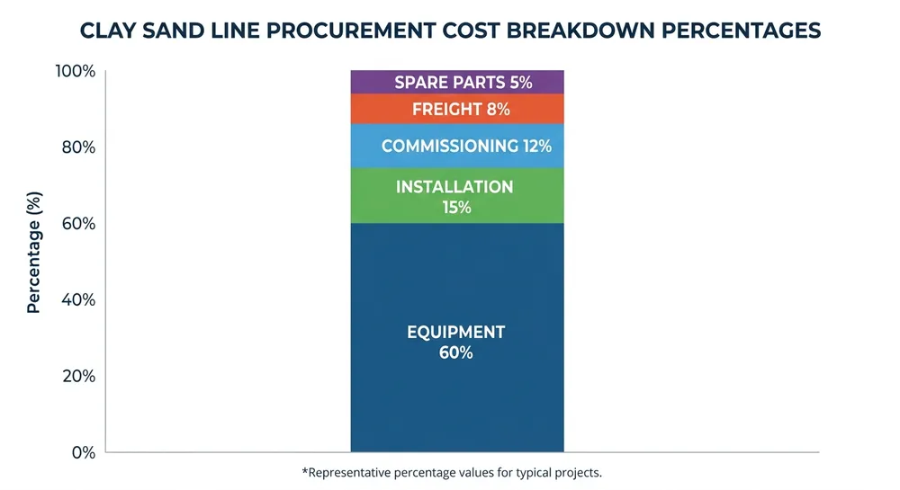 Total Landed Cost Breakdown Total cost of ownership breakdown for clay sand processing line showing equipment, freight, installation, and commissioning costs