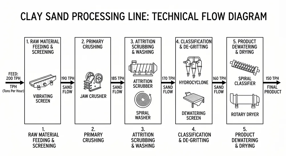 Clay sand processing line subsystem flow diagram showing molding, preparation, reclamation, and screening stages