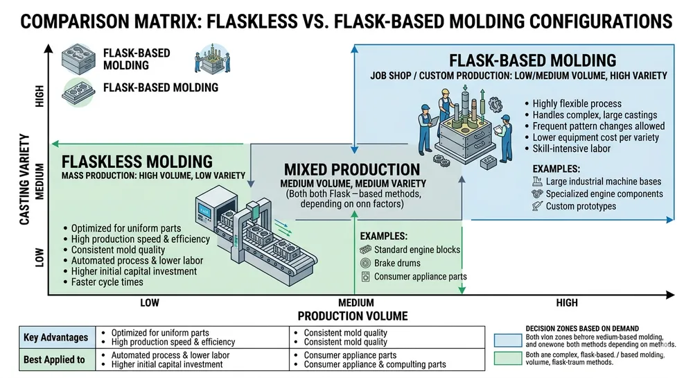 Flaskless vs Flask-Based Configuration Comparison Comparison chart showing flaskless vs flask-based clay sand molding line configurations for different production volumes